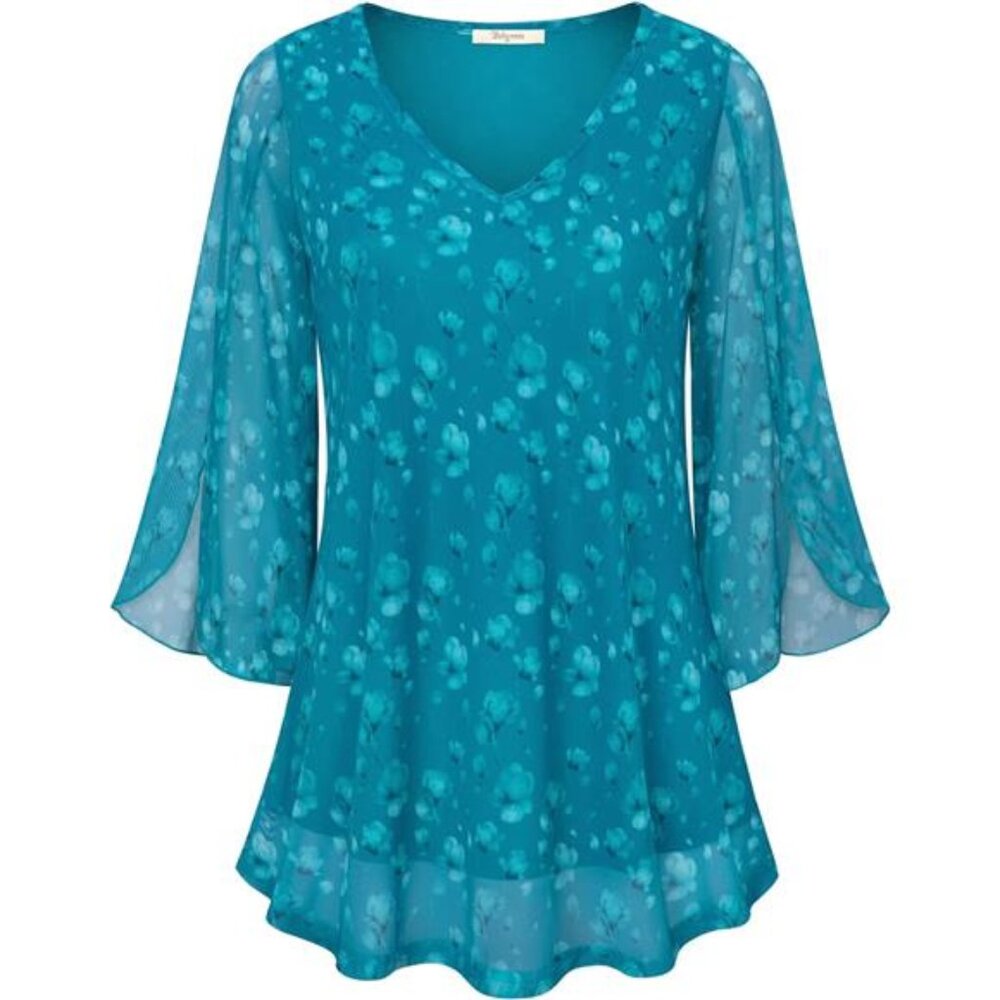Womens Ruffle 3/4 Sleeve V Neck Double Layers Mesh Blouses Loose Fit